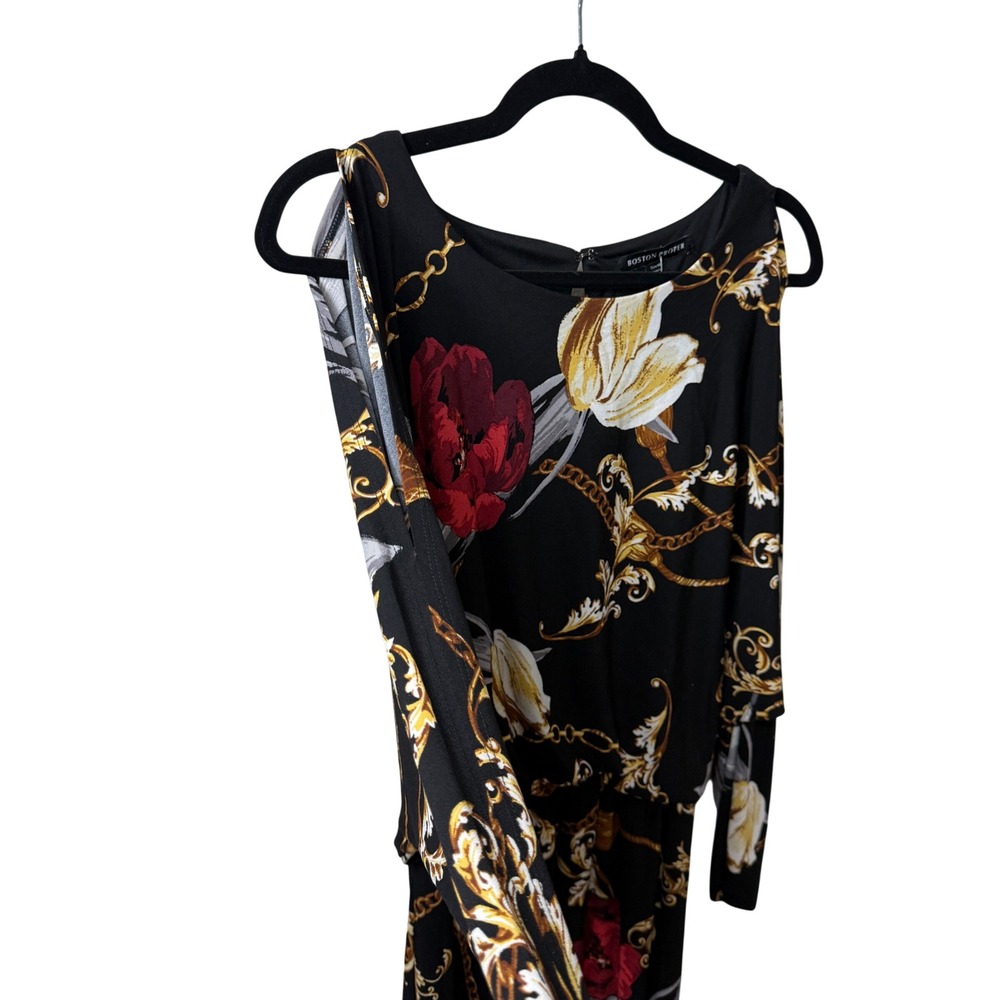 Boston Proper Black Floral Blouson Dress Baroque Chain Print Italian Style Sz M - Picture 5 of 10